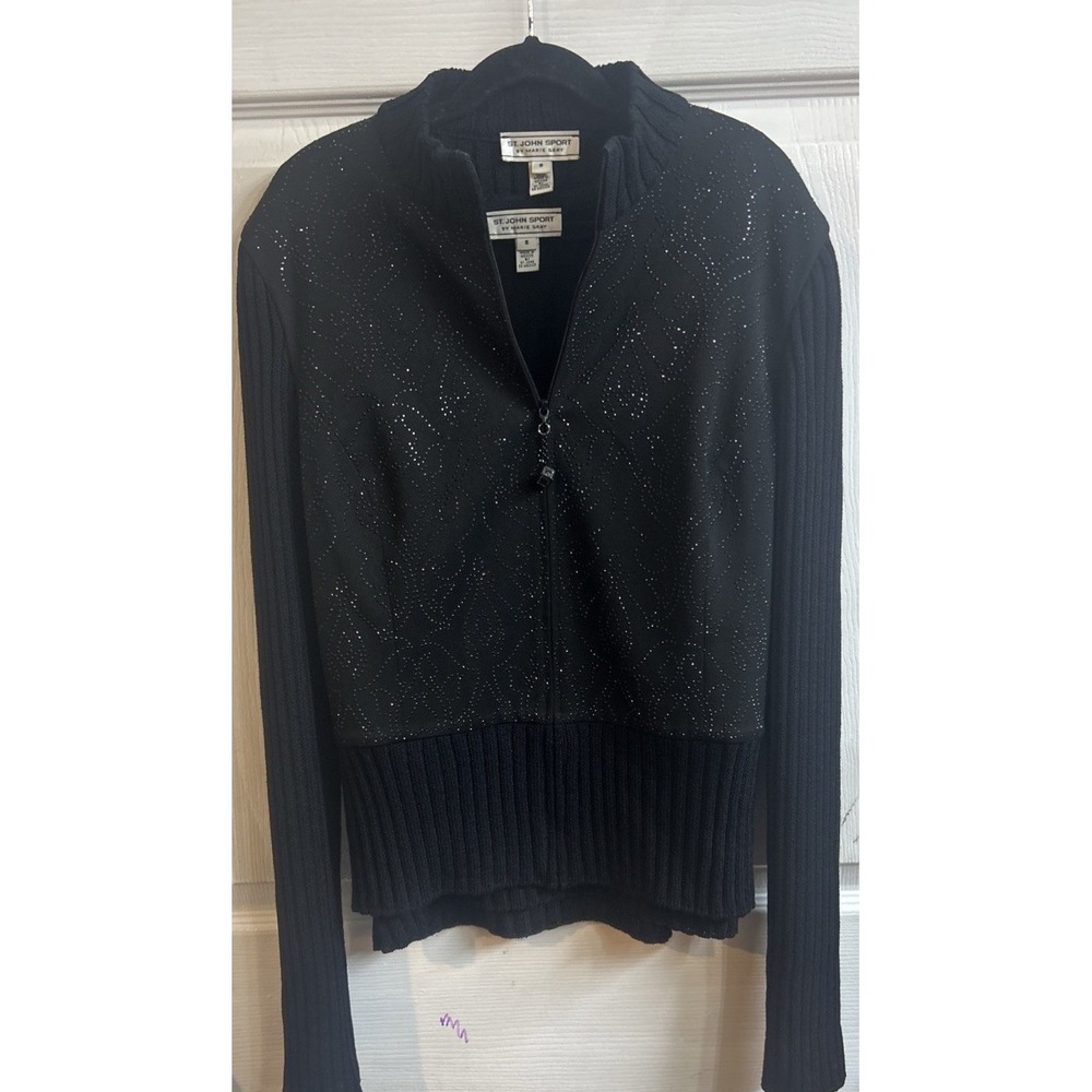 St John Sport Marie Gray 2 Piece Wool Cardigan Tank Set Rhinestone Black S